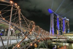 A beautifully illuminated bridge spans over calm water, reflecting lights in the serene night atmosphere.